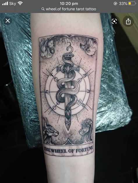 Wheel Of Fortune Tarot Tattoo, Wheel Of Fortune Tattoo, Fortune Tattoo, Maddy Tattoo, Tarot Inspiration, Witchy Tattoos, Wheel Of Fortune Tarot, Wheel Tattoo, Tarot Card Tattoo