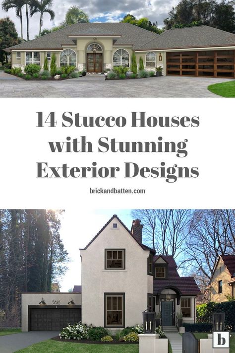 It’s no coincidence that stucco houses have been around for centuries. The material is incredibly durable and can withstand most weather conditions. On top of that, this aesthetically pleasing siding option can beautifully transform the exterior of your home and increase your curb appeal. With all that in mind, we’ve rounded up 14 of our favorite stucco houses with stunning exteriors to inspire you in this post. #exteriordesign #stucco #stuccohouses Best Stucco House Colors, Stucco Home Makeover, Homes With Stucco And Siding, Stucco Curb Appeal, Stucco With Siding Exterior, Stucco Exterior Design Ideas, Beautiful Stucco Homes Exterior, Curb Appeal Stucco House, Cottage Stucco Exterior