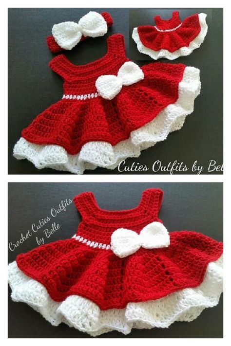 Christmas Baby Dress Crochet Pattern Santa Baby Dress, Crochet Baby Santa Outfit Free Pattern, Crochet Christmas Dress Baby Free Pattern, Crocheted Baby Dress Patterns, Crochet Baby Christmas Outfit, Crochet Christmas Clothes, Christmas Crochet Clothes, Baby Christmas Crochet, Crochet Baby Clothes Free Patterns