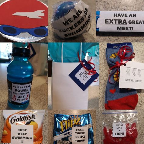 Swim Team Captain Ideas, Swim Team Gifts Treats, Swim Team Goodie Bag Ideas, Swim Goodie Bags, Swim Team Gift Bags, Swim Gifts Ideas Swimmers, Swim Team Goodie Bags, Swim Team Spirit Ideas, State Swim Meet Gifts