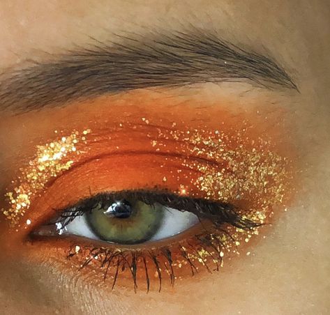 Goldfish Makeup Halloween, Amber Makeup Look, Yellow And Orange Eye Makeup, Lumiere Makeup Beauty And The Beast, Orange Gold Makeup, Fire Goddess Makeup, Fire Nation Makeup, Orange Mermaid Makeup, Orange Rave Makeup