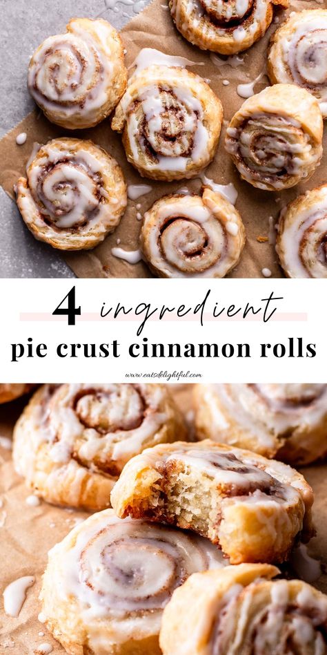 2 stacked images of iced pie crust cinnamon rolls on parchment paper: top image is overhead shot of rolls and bottom image shows closeup of one roll with bite missing Pillsbury Pie Crust Recipes Breakfast, Quick Breakfast Pastry, Piecrust Cinnamon Cookies, Pie Dough Cinnamon Rolls, Cinnamon Rolls With Pie Crust, Pie Crust Cinnamon Pinwheels, Pie Crust Cinnamon Crisps, Cinnamon Pie Crust Cookies, Breakfast Ideas With Pie Crust