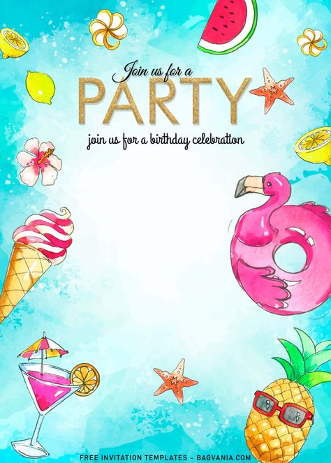 11+ Flamingo Fun Party Invitation Templates Perfect For Summer & Autumn | FREE Printable Birthday Invitation Templates - Bagvania Pool Party Background Invitation, Summer Party Invitations Template, Flamingo Birthday Party Invitations, Tropical Birthday Invitations, Pool Party Invite, Pool Party Invitation Template, Free Invitation Cards, Summer Birthday Invitations, Birthday Party Invitations Free