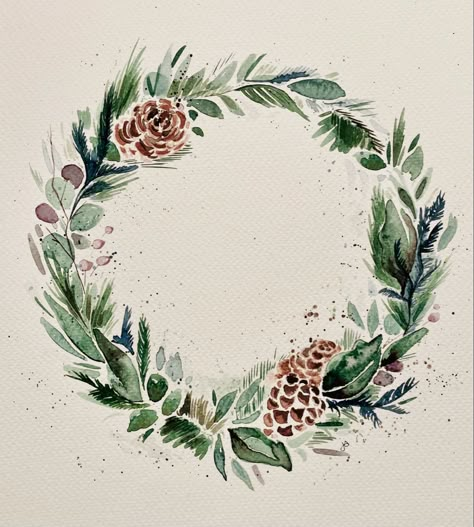 Simple Christmas pine wreath watercolor Christmas Wreaths Watercolor, Winter Watercolor Simple, Christmas Wreath Watercolor, Christmas Pine Wreath, Paintings Ideas, Easy Christmas Wreaths, Pine Wreath, Advent Wreath, Watercolor Christmas Cards