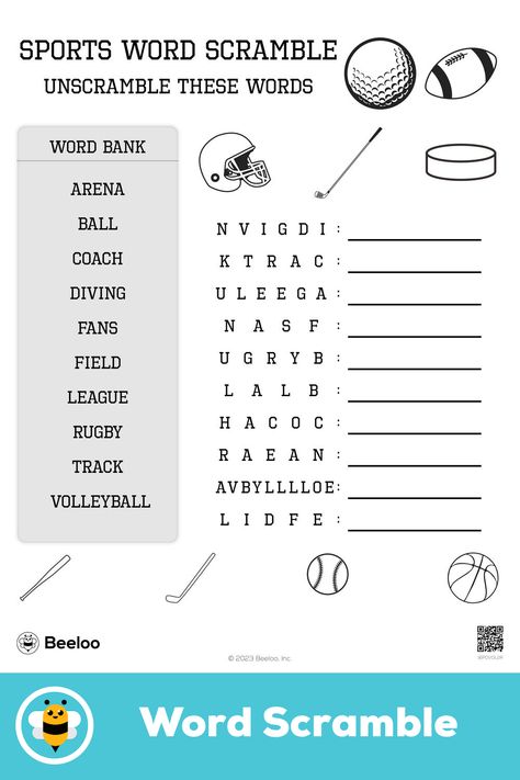 Medium sports-themed word scramble for kids ages 6 and up Finish The Drawing Worksheets, Sports Printables, Word Scramble For Kids, Finish The Drawing, Charades For Kids, Drawing Worksheets, Unscramble Words, Scramble Words, Crafts And Activities For Kids