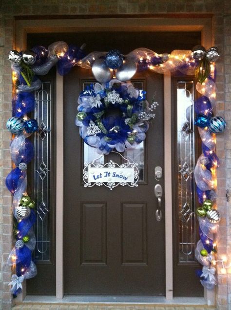 Blue/silver Christmas wreath and door decoration Blue Door Christmas Decor, Blue Christmas Decor Outdoor, Royal Blue And Silver Christmas Decor, Blue Silver Christmas, Silver Christmas Wreath, Blue Christmas Tree Decorations, Silver Garland, Blue Christmas Decor, Silver Christmas Decorations