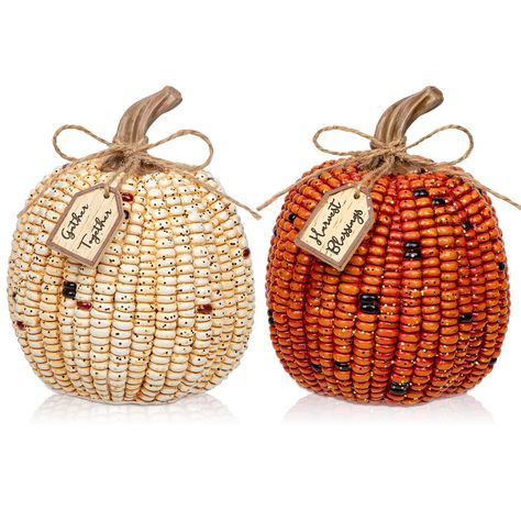 PRICES MAY VARY. Size and Package: This set includes 2 decorative corn cob pumpkins, each measuring 4.3 inches. Perfectly sized to fit seamlessly into any decor setup, these artificial pumpkins add a touch of fall charm to any space. Material: Crafted from lightweight resin, these fake pumpkins are built to last and are suitable for both indoor and outdoor use. They can maintain vibrant colors and shapes over time, ensuring long-lasting enjoyment in your seasonal decorating. Capture Every Detail Rustic Fall Decor Living Room, Side Table Fall Decor, Simple Fall Centerpieces For Table, Fall Decor For Kitchen, Small Table Centerpiece, Rattan Pumpkins, Rustic Modern Decor, Harvest Table Decor, Indoor Outdoor Porch