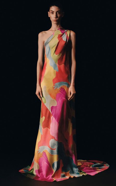 Draped One Shoulder Gown By Alejandra Alonso Rojas | Moda Operandi Long Colorful Dress, Bodas Boho Chic, One Shoulder Gown, Tropical Dress, Wedding Attire Guest, Spring Summer 2023, 2023 Collection, Wedding Attire, Summer 2023