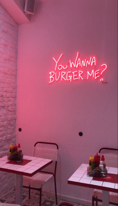 Burger Restaurant Design Ideas, Burger House Design, Burger Shop Interior Design, Street Food Restaurant Design, Burger Branding Design, Hamburger Aesthetic, Burgers Aesthetic, Burger Quotes, Neon Burger