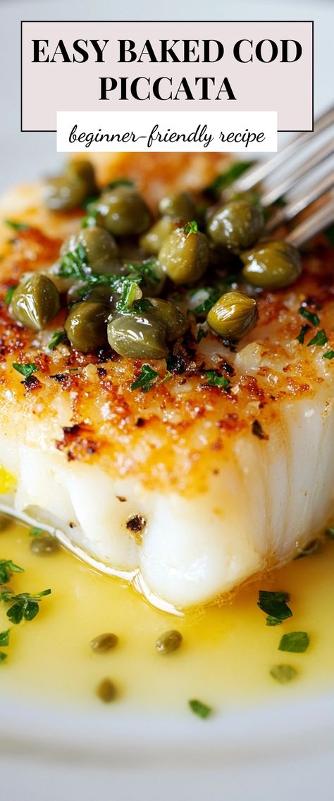 Image for Easy Baked Cod Piccata White Fish Piccata, Easy Healthy Fish Dinner, Simple Baked Fish Recipes, Baked Triple Tail Fish Recipe, Dishes With Capers, Easy Fish Dinner Recipes Healthy, Blue Cod Recipes, Baked Fish In Parchment Paper, Pan Seared Cod Fish Recipes Healthy