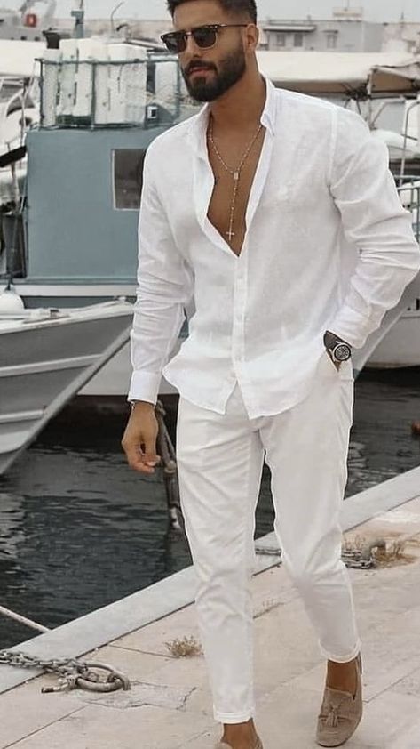 All White Mens Outfit, White Beach Outfit, Yacht Outfit, All White Party Outfits, Cancun Outfits, Vacation Outfits Men, Beach Outfit Men, White Party Outfit, Party Outfit Men