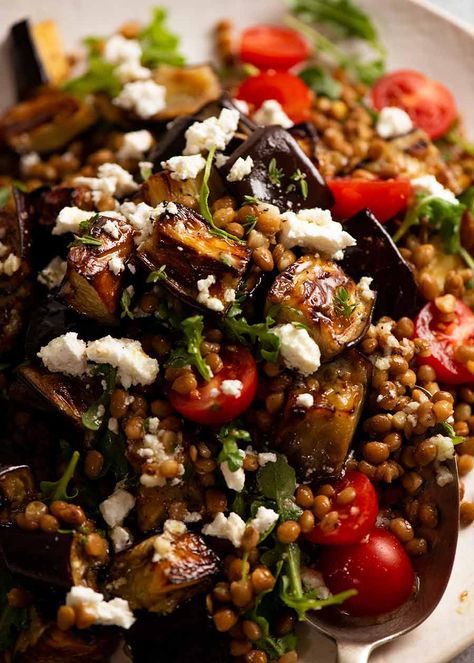 Close up of Roasted Eggplant Lentil Salad Eggplant Lentil Salad, Aubergine And Lentil Recipe, Recipe Tin Salads, Roasted Vegetable Lentil Salad, Aubergine And Feta Recipe, Lentil And Eggplant Recipes, Crispy Lentils With Walnuts And Zaatar, Eggplant Tomato Salad, Whole Eggplant Recipes