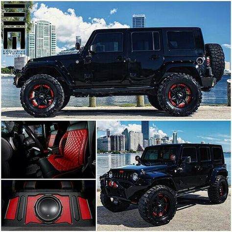 all black Jeep, red interior All Black Jeep, White Jeep Wrangler, Jeep Wrangler Interior, Black Jeep Wrangler, Jeep Wheels, Jeep Wrangler For Sale, Badass Jeep, Red Jeep, Custom Jeep Wrangler