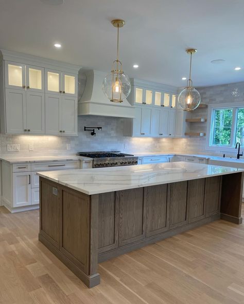 Grand Kitchen Island, Simple Kitchen With Island, Kitchen With 8 Ft Island, 10' Kitchen Island, Renovated Farmhouse Kitchen, Big Kitchen Plan, Kitchens With Oak Floors, Kitchen Layout With Large Island, Kitchen Remodel With Large Island