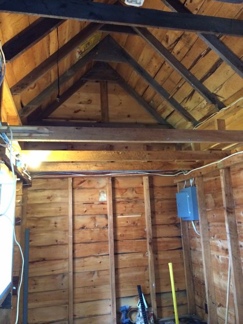 bunkhouse shed - original tool shed interior during construction - Atticmag Bunkhouse Ideas Guest Cabin, Maine Lake House, Bunkhouse Plans, Bunkhouse Ideas, Shed With Loft, Guest Quarters, Lake Camp, Cabin Renovation, Camp House