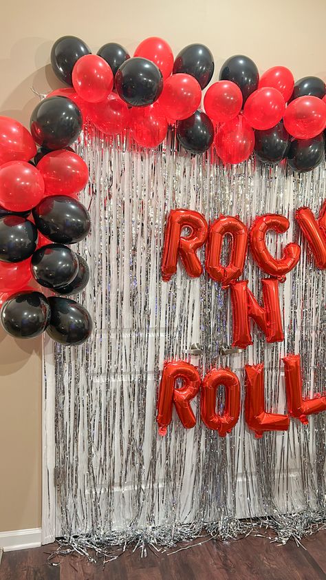 80s Rock Themed Party, Rock And Roll Party Decorations Ideas, Rock Theme Party Decoration, Heavy Metal Party Decorations, Rock And Roll Birthday Theme, Rock And Roll Bachelorette Party Theme, Rock N Roll Party Ideas Decor, Rock And Roll Photo Booth, Pop Punk Party