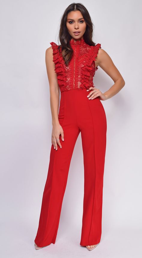 Red Jumpsuits Outfit, Red Sequin Jumpsuit, Red Jumpsuits, Outfits Blanco, Half Sleeve Jumpsuit, Crochet Jumpsuits, Red Dress Pants, Black Bandage Dress, Red Crochet