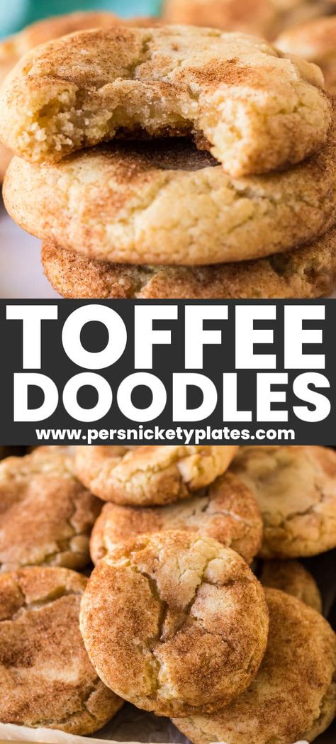 This easy Toffee Doodle cookie recipe takes everything you love about snickerdoodles up a notch by filling them with toffee bits! They are soft, chewy, and rolled in just the right amount of cinnamon and sugar. Snickerdoodle Oatmeal Cookies, Snickerdoodles Cookies Recipe, Cinnamon Toffee Cookies, Toffee Bit Cookie Recipes, Chewy Toffee Cookies, White Trash Cookies, Ranch Cookies Recipe, Snicker Cookies Recipes, Toffee Snickerdoodle Cookies