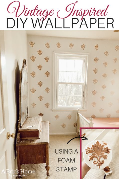 WOAH! This DIY Wallpaper hack is so easy, budget-friendly and beautiful! #diywallpaper Wall Stamps Painting, Stamping Walls Diy, Diy Stamp Wallpaper, Stamped Wall Pattern, Faux Wallpaper Paint Diy, Hand Painted Wallpaper Diy, Wall Stamp Painting, Diy Wall Stamp, Paint That Looks Like Wallpaper