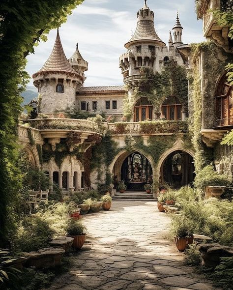 Castle Courtyard Garden, Castle Gardens Aesthetic, Castle Courtyard Fantasy Art, Small Castle Aesthetic, Fantasy Castle Aesthetic Interior, French Village Aesthetic, Fantasy Castle Aesthetic, Overgrown Castle, Cottage Castle