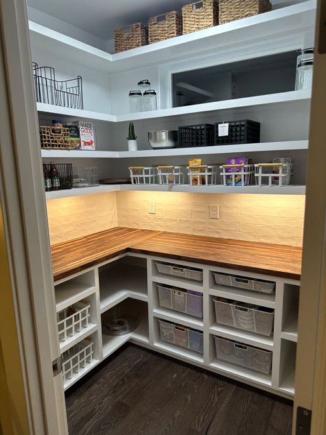 Large Corner Pantry Walk In, Small Pantry Coffee Bar, Pantry Spacing, Small Built In Pantry, Pantry With Cabinets And Counter, Diy Walk In Pantry, Coffee Bar In Pantry, Small Corner Pantry Ideas, Corner Pantry Design