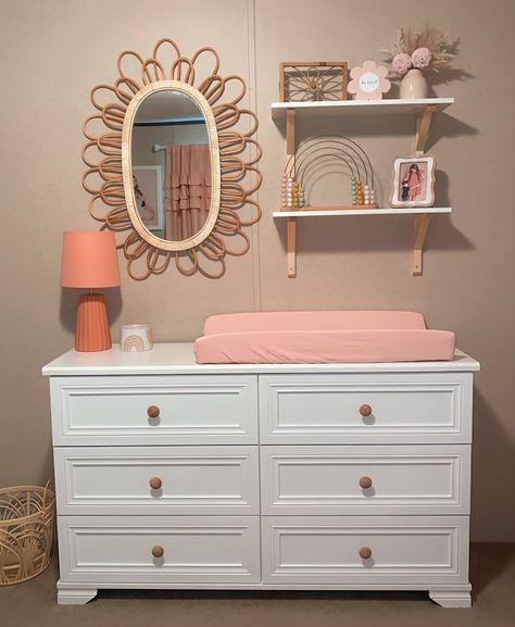 Babygirl Nursery Decor, Girl Nursery Shelf Decor, Peach Boho Nursery, Nursery Dresser Mirror, Pink Dresser Nursery, Blush Pink Nursery Ideas, Toddler Dresser Decor, Small Nursery Ideas Neutral, Pink Boho Nursery