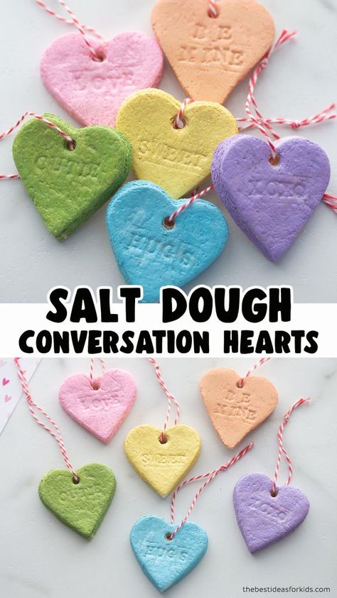 Kids Easy Valentines Day Crafts, Easy Valentine Day Crafts, Salt Dough Hearts For Kids, Salt Dough Conversation Hearts, Hand Made Valentines For Kids, Valentines For Grandparents From Kids, Craft Ideas For Kids Valentines Day Fun, Valentine Crafts For Parents From Kids, Diy Valentines Gifts From Kids