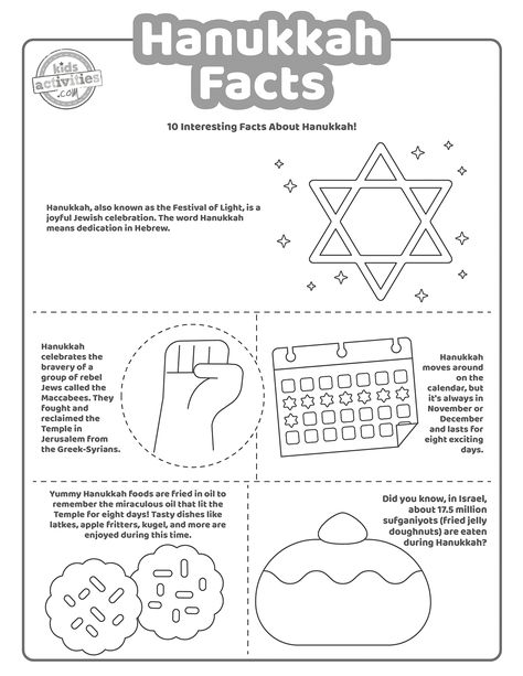 Fun Hanukkah Facts For Kids To Print and Learn Teaching Kids About Hanukkah, Hanukkah Lessons For Kids, Hanukkah Printables For Kids, Kindergarten Hannukah Activities, Chanukah Coloring Pages, Hannukah Worksheets For Kids, Hanukkah Stem Activities, Hanukkah Lesson Plans Preschool, Hanukkah Games For Kids