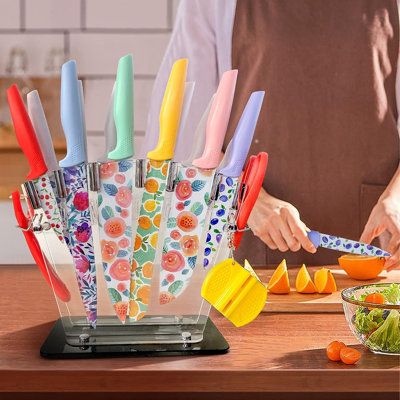 The print on the blade is inspired by fun colours and patterns in daily life, it can be incorporated into any decor, bringing some colour to your kitchen. | wuyi 16Pcs Knives Set For Kitchen, Print Nonstick Coated Blade Knife, Kitchen Knives Sets w/ Acrylic Stand And Kitchen Accessories | WYIA1025 | Wayfair Canada Colorful Kitchen Utensils, Funky Silverware, Funky Dishes, Unique Kitchen Appliances, Kitchen Equipment Storage, Latin Restaurant, Colorful Kitchen Accessories, Colourful Kitchen, Colorful Kitchen Decor