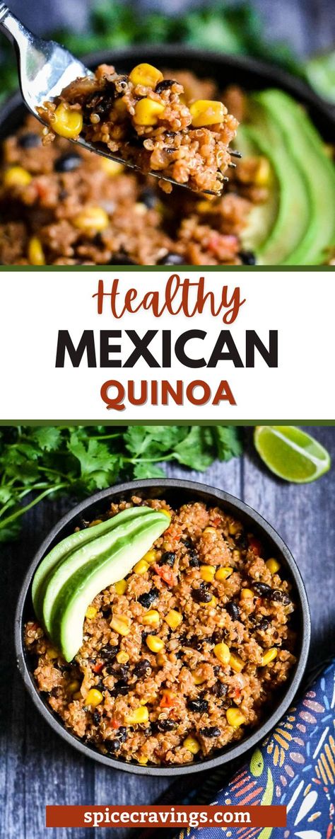 Healthy, filling and so easy to make, this Mexican Quinoa is a delicious one-pot meal. Quinoa, beans, corn, and crunchy peppers are cooked with Mexican spices in just 30-minutes in the Instant Pot. This vegan and gluten-free dish is perfect for school lunches, picnics and potlucks too. This Mexican Quinoa bowl is one of my go-to recipes for mid-week lunches and potlucks. Mexican Quinoa Bowl Recipes, Mexican Quinoa Recipes, One Pot Mexican Quinoa, Mexican Quinoa Bowl, Instant Pot Quinoa Recipes, Texmex Recipes, Recipes Using Beans, Cravings Recipes, Mexican Quinoa