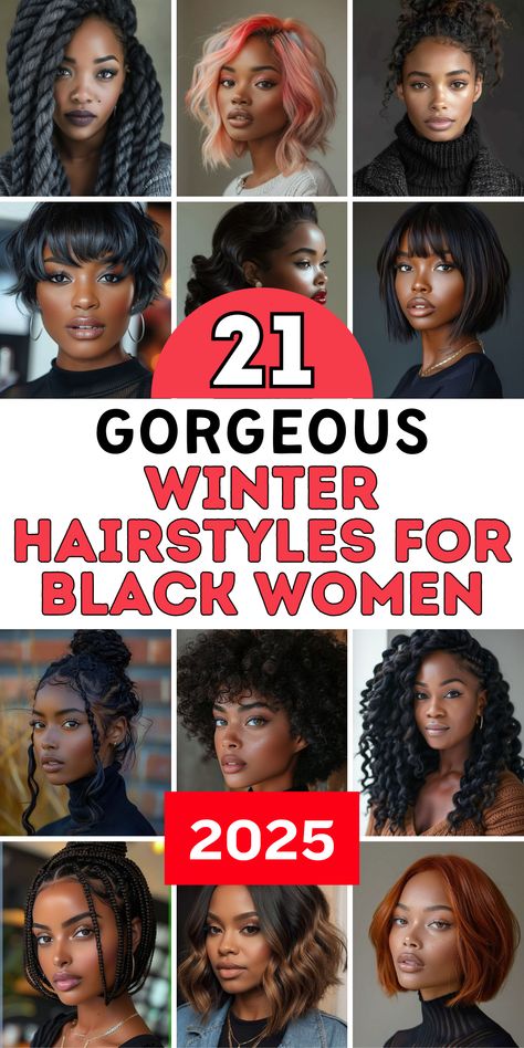 Discover 21 winter hairstyles for Black women for 2024-2025, designed to keep you looking stylish and protected through the colder months. From stunning braids to show off your creativity, to chic wigs that offer versatility and ease, these looks are perfect for any occasion. These ideas are all about embracing your natural curls, fall-ready braids, and flawless weave options for a polished winter look. Winter Hair Color Ideas For Black Women, Cute Winter Hairstyles For Black Women, Fall Black Hairstyles, 2024 Black Women Hairstyles, Fall Protective Styles Black Women, Winter Hairstyles Black Women, 2024 Hair Trends For Black Women, Fall Hair Styles Black Women, Winter Braids For Black Women