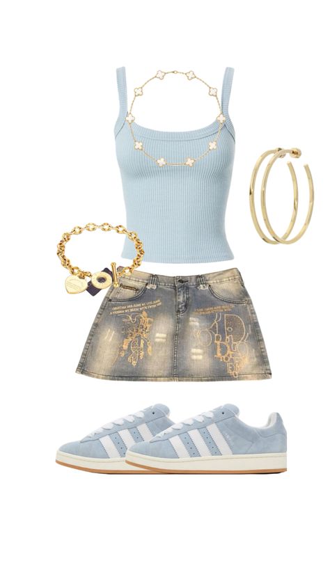 #outfitinspo #summerfitinspo #skirt #denimskirt #skirtoutfit #summeroutfit #casuafit #vancleef #dior #adidascampus #adidascampus00s #adidas #clothes Cute Skirt Outfits Aesthetic, Summer Outfit Inspo Baddie, Cute Outfits Summer Baddie, Girly Polyvore Outfits, Dior Outfit Aesthetic, Baddie Club Fits, Where To Shop For Aesthetic Clothes, Mini Jean Skirt Outfit, Cute Blue Outfits