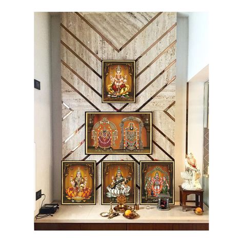 "All-In-One Religious Digital Photo Frame of 5 Hindu Deities, (Select from our collection and send us a message with the picture or the link of the listing). Perfect for House Warming or Anniversary Gift, Puja Prayer Room Size, Count & Subject: 13\"x20\", 1 Frame, Thayar & Perumal Size, Count & Subject: 13\"x10\", 4 Frames, Ganesha + Gajalakshmi + Saraswati + Murugan Valli Devayani Photo Finish: UV Matt Finish / Glittering Finish Customization: Accepted Frame: Synthetic Designer Frame Acrylic Sh How To Arrange God Photos In Pooja Room, Pooja Photo Frames, Pooja Room Photos Arrangement, God Photo Frames For Pooja Room, God Room Designs Hindu, Pooja Shelf, Religious Photos, Temple Design For Home, God Goddess