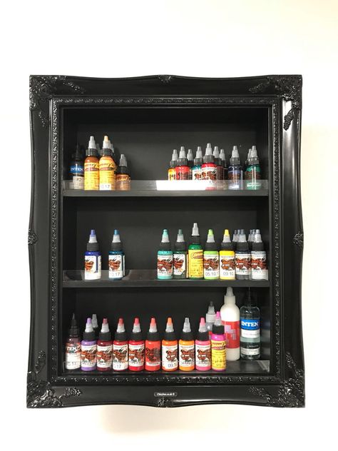 Chicybee®Ltd design & manufacture our unique display frames for many products - like this one designed for tatoo inks for a tatoo studio in Germany Tattoo Ink Storage Ideas, Tattoo Ink Shelf, Tattoo Ink Display, Tattoo Ink Storage, Tattoo Parlor Aesthetic Interior, Small Tattoo Room Ideas, Tattoo Storage Ideas, Modern Tattoo Shop Interior, Tattoo Booth Ideas