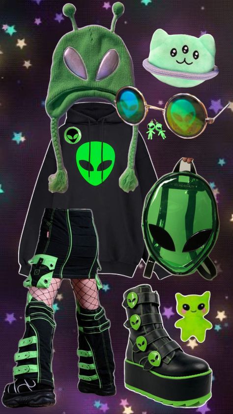 alien ufo inspired outfit pintrest collage outfit ideas Oc Outfits Ideas Drawing, Cool Outfit Aesthetics, Alien Cosplay Diy, Cosmicore Outfits, Alien Clothes Aesthetic, 90s Alien Aesthetic, Silly Outfit Ideas, Alien Themed Outfit, Cloudcore Outfits