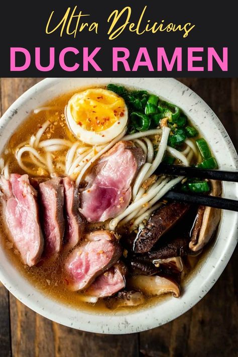 Duck Ramen Asian Duck Recipes, Duck Soup Recipes, Leftover Duck Recipes, Duck Ramen, Duck Broth, Duck Noodle Soup, Duck Noodles, Thick Noodles, Yummy Asian Food