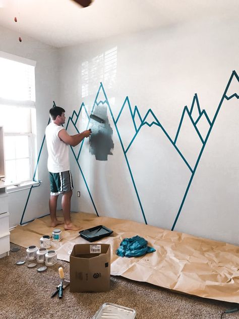 Diy Geometric Mountain Mural, Mountain Wall Art Kids Rooms, Easy Mountain Mural For Nursery, Playroom Mountain Wall, Diy Mountain Wall Mural, Painted Wall Mountains, Nursery Color Block Wall, Mountains Mural Diy, Mountain Nursery Wall Diy