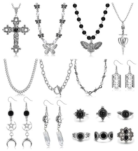 PRICES MAY VARY. PUNK JEWELRY SET: Include 7 Pcs Gothic Necklace,3Pcs Punk Emo Earrings.6Pcs Silver Grunge Ring.Different Styles Can Meet Different Needs.There Are Skull/ Heart /Y2k /Flame/Angel /Snake Etc element..Providing More Choices For Your Wear. SAFE MATERIAL:Grunge Jewelry Set Made Of High-Quality Alloy Materials. It Can Maintain The Color For a Long Time,Not Fade,Hypoallergenic,Lead And Nickel-Free.Comfortable After Prolonged Wearing Experience SUITABLE SIZE:Don't Worry About Size Issue Effy Stonem Bracelets, Hard Jewelry Brand, 90s Grunge Accessories, Acubi Earring, Goth Amazon Finds, Witchcore Jewelry, Fairy Grunge Jewelry, Grunge Jewellery, Emo Rings