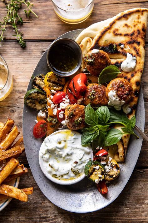 Spicy Oregano Meatballs with Grilled Vegetables and Tzatziki | halfbakedharvest.com Cena Light, Half Baked Harvest Recipes, Spicy Meatballs, Harvest Recipes, Turkey Dishes, Half Baked, Half Baked Harvest, Summer Dinner, Arabic Food