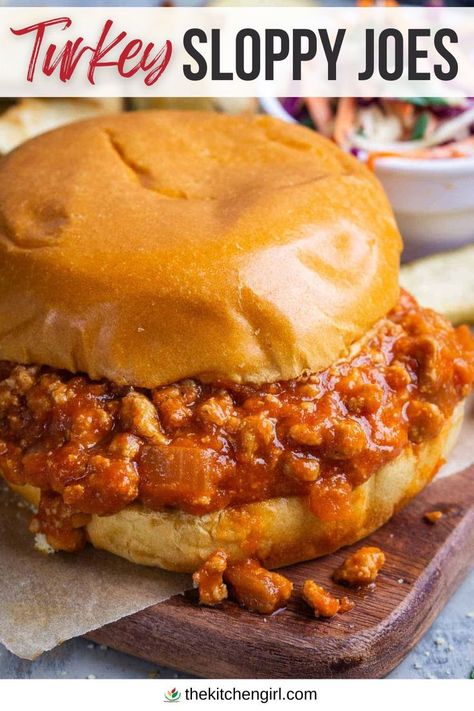 image of turkey sloppy joe on a brioche bun. Text overly says "Turkey sloppy joes" Handheld Meals, Healthy Sloppy Joe Recipe, Chicken Sloppy Joes, Healthy Sloppy Joes, Turkey Sloppy Joes, Sloppy Joes Easy, Sloppy Joe Recipe, The Chew Recipes, Homemade Sloppy Joes