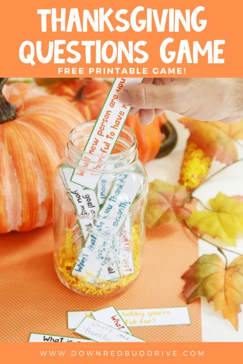 Play this free printable Thanksgiving gratitude game at your family gathering this year! Focus on all the things you're thankful for! Thanksgiving Gratitude Game | Thanksgiving Questions | Thanksgiving Questions for Kids | Thanksgiving Questions for Family | Thanksgiving Activity | Thanksgiving Printable | Down Redbud Drive Thanksgiving I Am Thankful For Ideas, Yw Thanksgiving Activities, Thanksgiving Ministering Lds, November Games For Adults, Thanksgiving Games For Adults Activities, Gratitude Games For Thanksgiving, Youth Friendsgiving Ideas, Gratitude Game Kids, The Gratitude Game