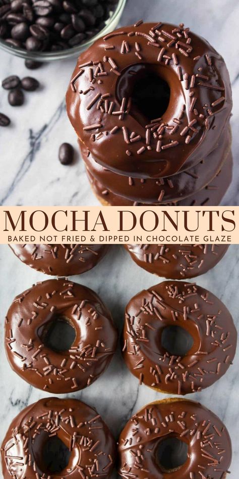 These mocha doughnuts are baked instead of fried for a moist cake doughnut. They have a delicious coffee flavor with chocolate glaze #mocha #donuts #doughnuts #chocolateglaze #baked #coffee from Just So Tasty https://www.justsotasty.com/baked-mocha-doughnuts/ Baked Coffee Donut Recipes, Coffee Cake Donuts Baked, Coffee Donut Recipe, Air Fryer Chocolate Donut Recipes, Coffee Shop Sweets, Coffee Baking Recipes, Doughnut Flavor Ideas, Chocolate Glaze For Donuts Recipe, Donut Frosting Recipe