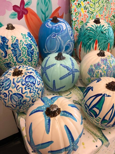 Coastal Painted Pumpkins, Tropical Pumpkin Painting Ideas, Pumpkin Painting Ideas 2024, Beach Pumpkins, Unique Pumpkin Painting Ideas, Coastal Pumpkins, Coastal Halloween, Pumpkin Board, Cute Painted Pumpkin Ideas