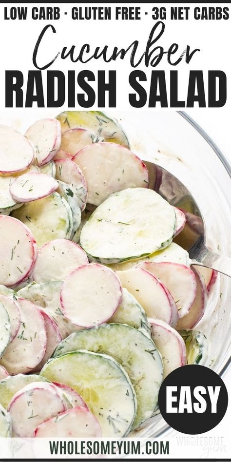 Cucumber And Radish Salad, Cucumbers Salad, Radish Salad Recipe, Cucumber Radish Salad, Keto Veggie Recipes, Radish Recipes, Creamy Cucumber Salad, Creamy Cucumbers, Radish Salad