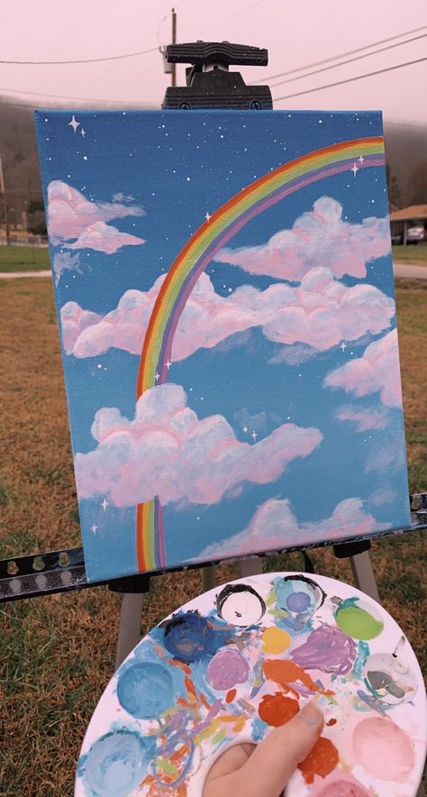 Canvas Painting Ideas Rainbow, Rainbow Painting Aesthetic, Rainbow Easy Painting, Painting Ideas On A Wall, Diy Rainbow Painting, Painting Rainbows On Canvas, Rainbow Scenery Drawing, Rainbow Canvas Painting Ideas, How To Paint A Rainbow