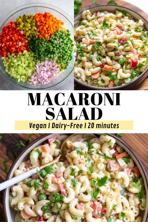 Easy Macaroni Salad- if you like a good pasta salad recipe then you'll love this vegan macaroni salad! Loaded with veggies and covered in a tasty sauce. #vegan #pastasalad #pasta Macaroni Salad Vegetarian, Vegan Macorina Salad, Vegan Creamy Pasta Salad, Macaroni Recipes Vegetarian, Easy Cold Vegan Meals, Macaroni Salad Dairy Free, Dairy Free Pasta Salad Dressing, Best Vegan Pasta Salad, Macaroni Salad Vegan