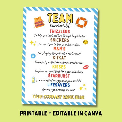 Team Appreciation Candy Bar Poster Editable in Canva - Perfect Staff Gift Idea or a Thank You Candy Gift for Employees  Show your team how much you appreciate their hard work and dedication with our Team Appreciation Candy Bar Survival Kit Poster! This fun and thoughtful gift is perfect for boosting morale and expressing gratitude in a sweet way. Fully editable in Canva, you can customize this poster to perfectly fit your team's unique personality and preferences. ✏️ Editable in Canva: Easily customize the text and design to add your personal touch. ⬇️ Instant Download: Get your printable file immediately after purchase and start creating right away. 👍 High-Quality Design: Professionally designed template ensures a polished and appealing final product. 🙂 Fun and Easy to Use: Simply downl Team Treats Motivational, Thank You Candy Bar Poster, Teammate Appreciation Ideas, Candy Bar Posters Appreciation, Team Treat Ideas, National Payroll Week Ideas, Candy Appreciation Sayings, Easy Staff Appreciation Ideas, Candy Bar Ideas Sayings