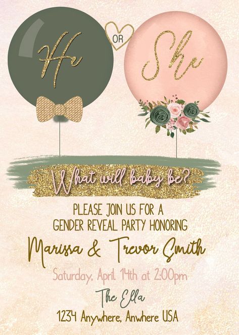 Gender Reveal Invitation, Balloon Gender Reveal, Blush Pink and Olive Green, He or She What Will Baby Be, Boy or Girl, Instant Download - Etsy Balloon Gender Reveal, Pink And Olive Green, Gender Reveal Invitations Template, Baby Gender Reveal Party Decorations, Gender Reveal Party Theme, Gender Reveal Themes, Baby Milo, Baby Bug, Gender Reveal Party Invitations