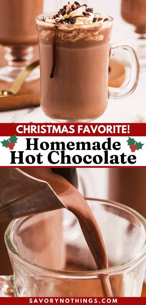 Cozy up with a mug of rich, creamy homemade hot chocolate this Christmas! 🎄 Perfect for holiday brunches, parties, or family nights by the fire. Easy to customize with fun toppings like marshmallows, candy canes, and whipped cream. ☕ #ChristmasRecipe #HolidayTreats #HotChocolate How To Make Real Hot Chocolate, Hot Cocoa For A Crowd Easy, Fresh Hot Chocolate, The Santa Clause Hot Chocolate, Christmas Hot Chocolate Recipes, Real Hot Chocolate, Home Made Hot Chocolate Easy, Homade Hot Coco, Real Hot Chocolate Recipe