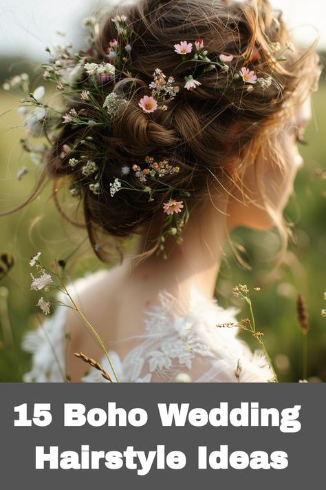 For a boho wedding, hairstyles that emphasize natural beauty are ideal for long hair, medium length, or short hair. From flowing waves with flowers to sophisticated updos that work well with a veil, the options are versatile and enchanting. Adding flowers enhances the bohemian feel, while textured styles create a relaxed elegance perfect for any bride. Short Wedding Hair Flowers, Boho Bridal Updo With Flowers, Up Do Hairstyles Medium Length Hair, Wedding Hair Dried Flowers, Bridesmaid Flower In Hair, Wedding Flower Crown For Bride, Curly Hair Flowers Wedding, Curly Boho Wedding Hair, Bridal Updo With Flower Crown